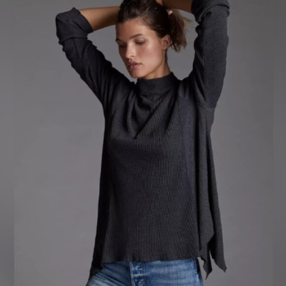 t.la Sloane Charcoal Gray Ribbed Thermal Mock Neck Long Sleeve Asymmetric Hem S - Picture 1 of 8